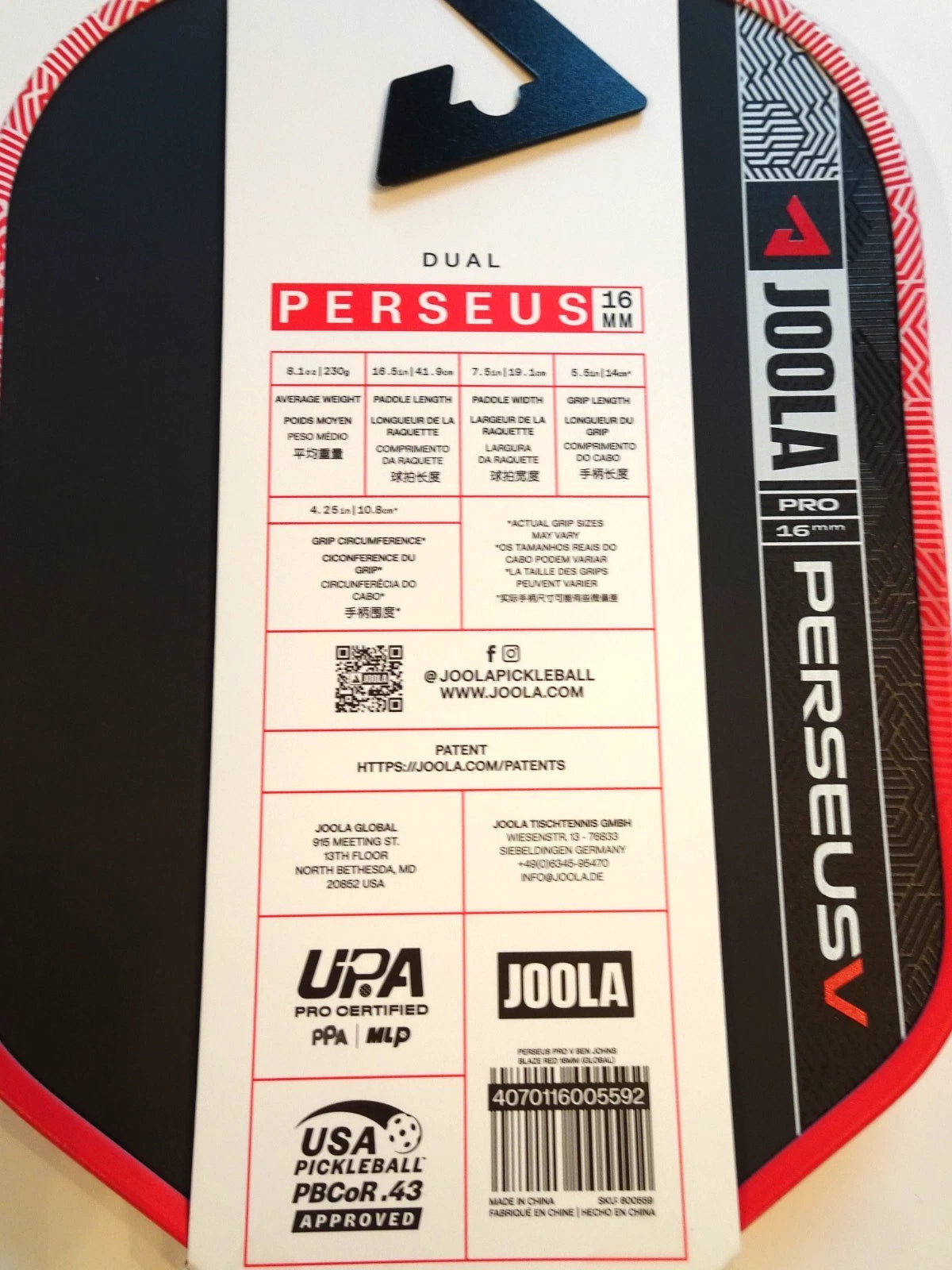 JOOLA Ben Johns Perseus Pro V 16mm Pickleball Paddle – Red – New